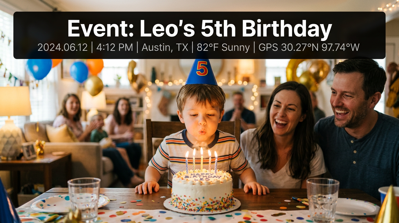 Illustrative demo: birthday party scene with fictional Event title, date, time, place, weather, and GPS on the image.