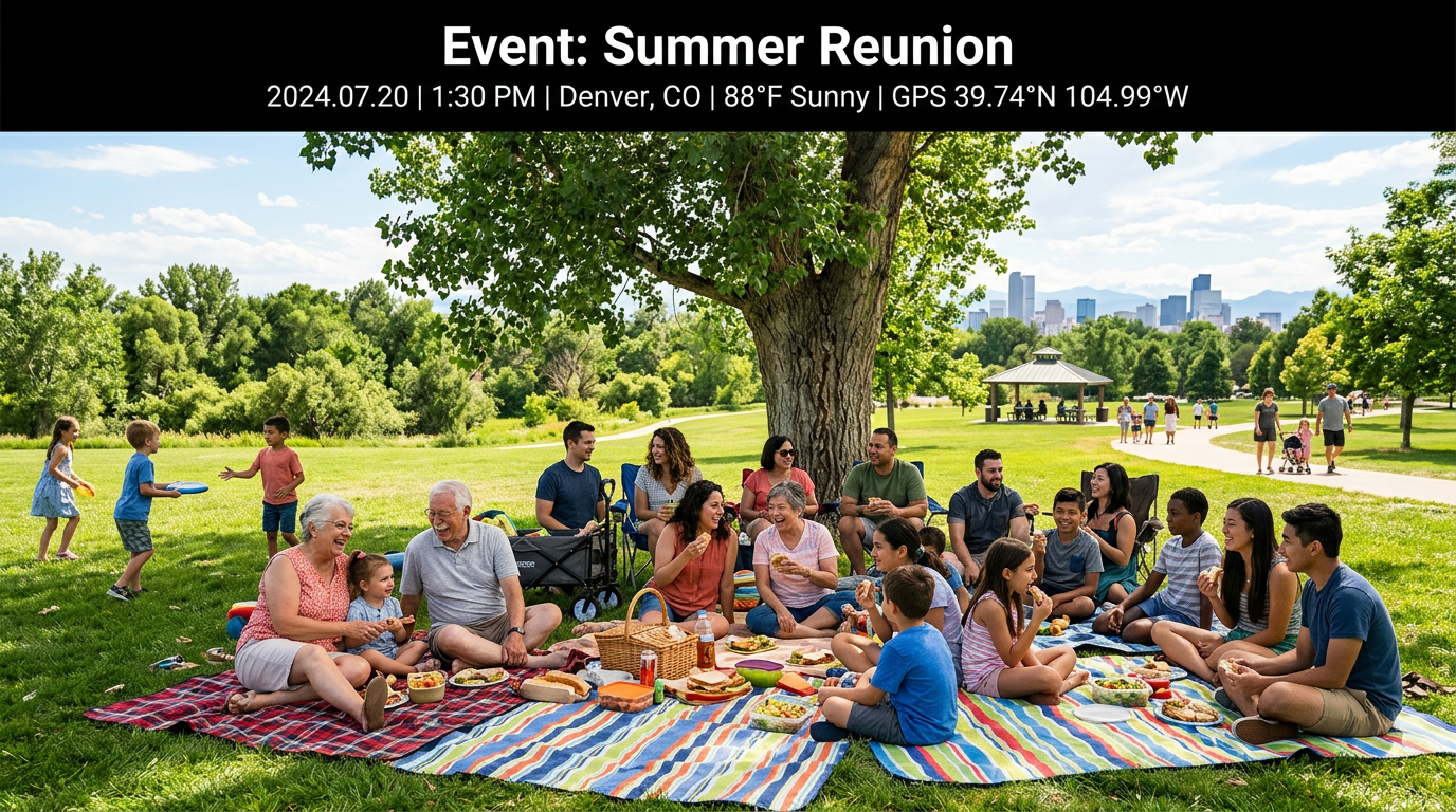 Illustrative demo: family reunion picnic with fictional event metadata on the image.