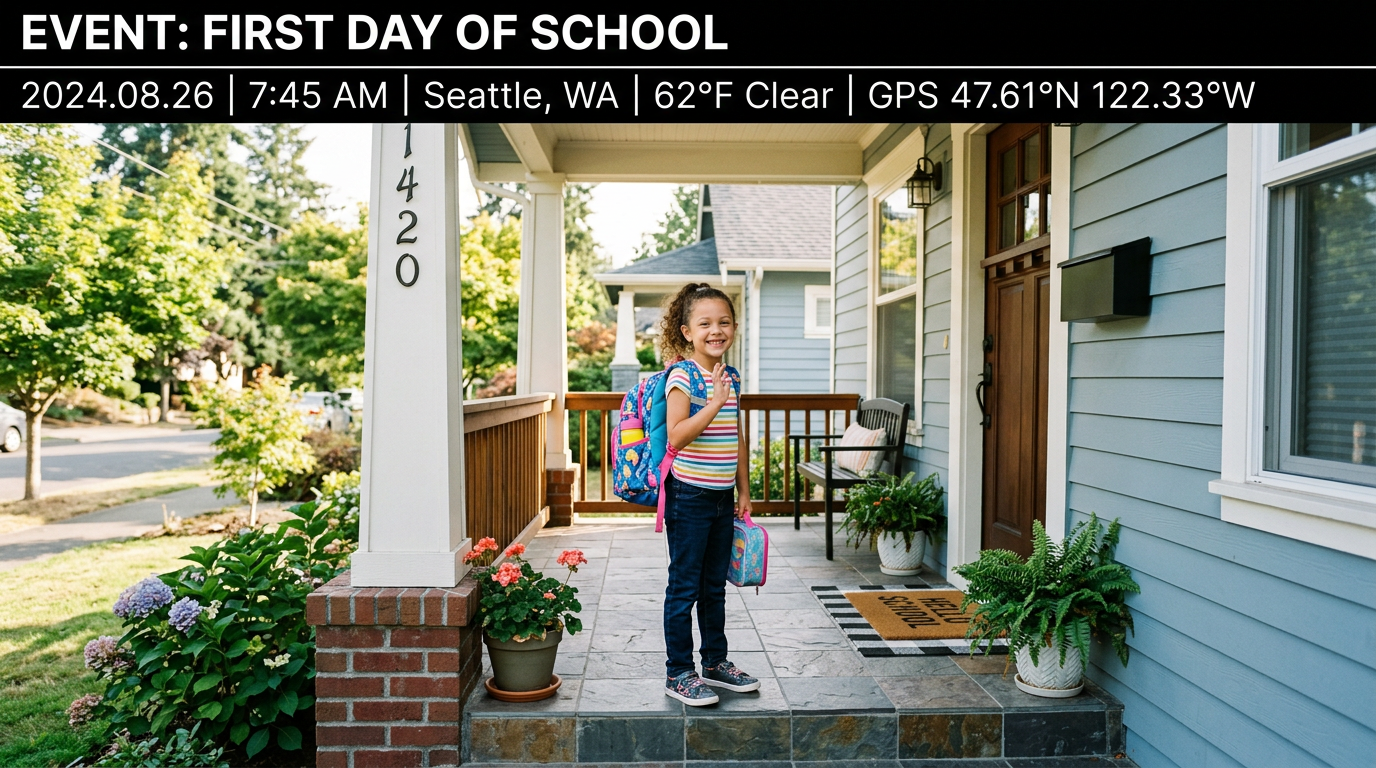 Illustrative demo: first day of school with fictional event metadata on the image.