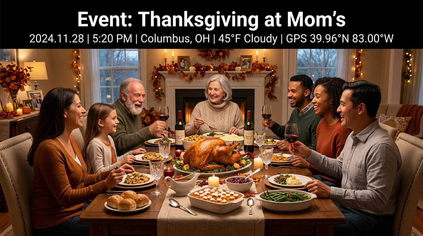 Illustrative demo: Thanksgiving dinner with fictional event metadata on the image.