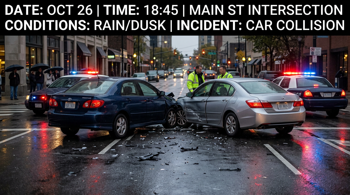 Illustrative demo: traffic incident scene with fictional date, time, location, and conditions on the image.