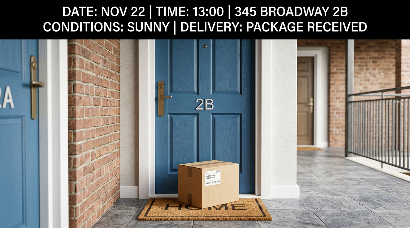 Illustrative demo: package at door with fictional delivery metadata on the image.