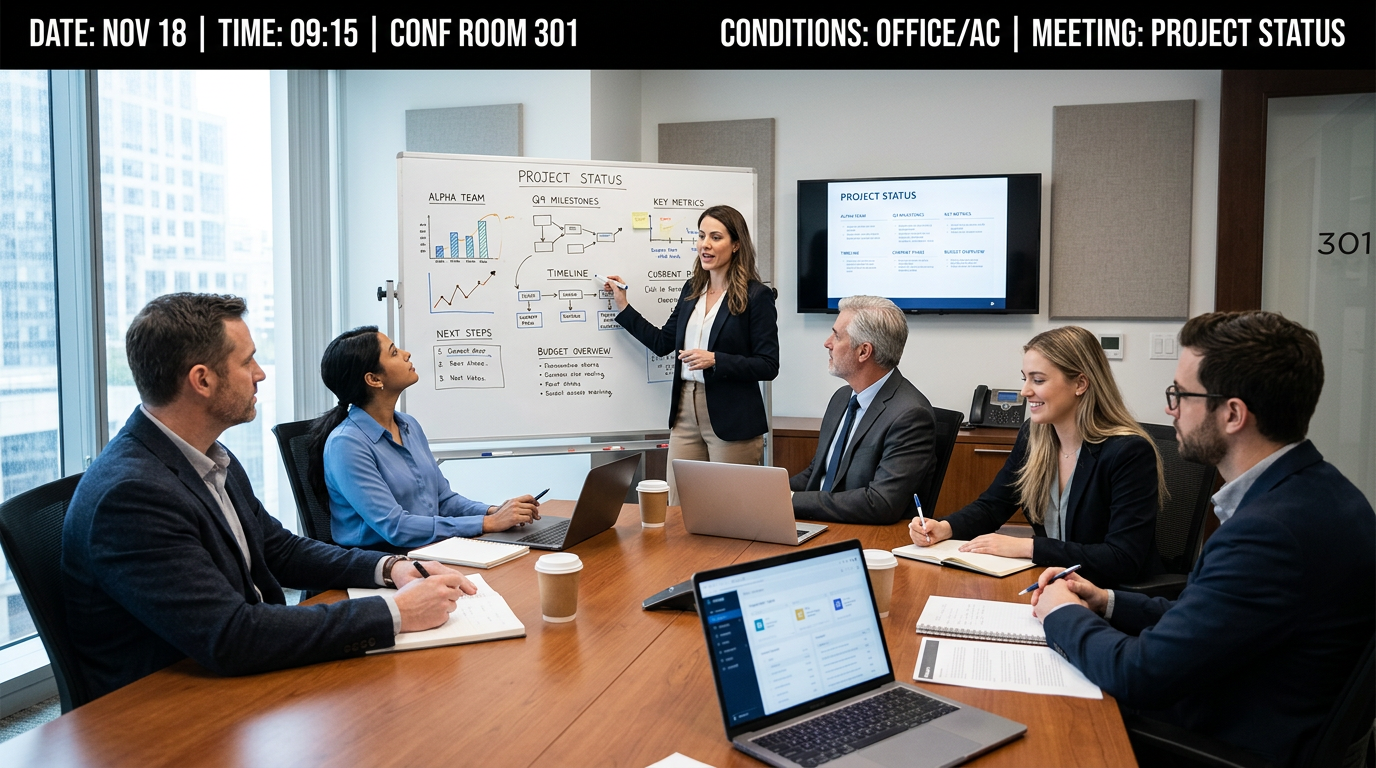 Illustrative demo: meeting room with fictional meeting metadata on the image.