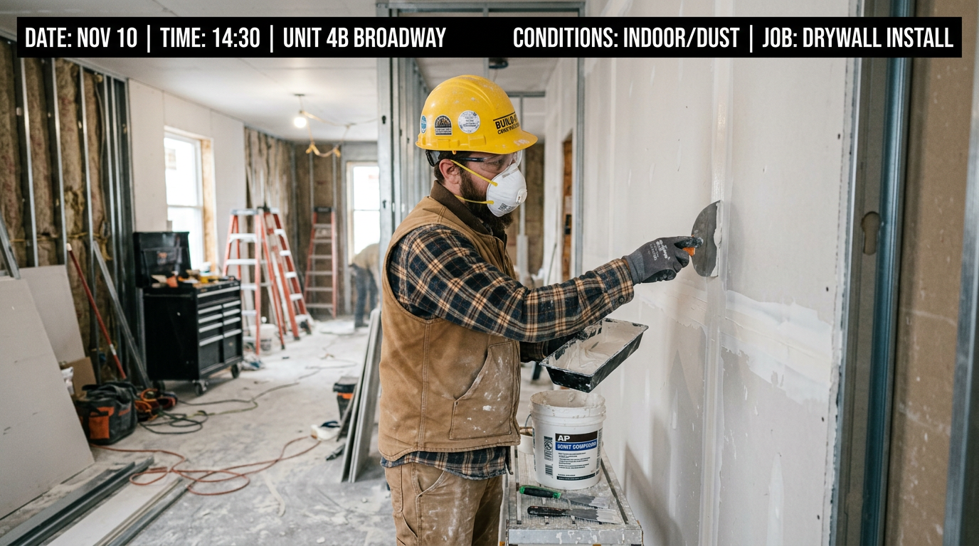 Illustrative demo: drywall work with fictional job metadata on the image.