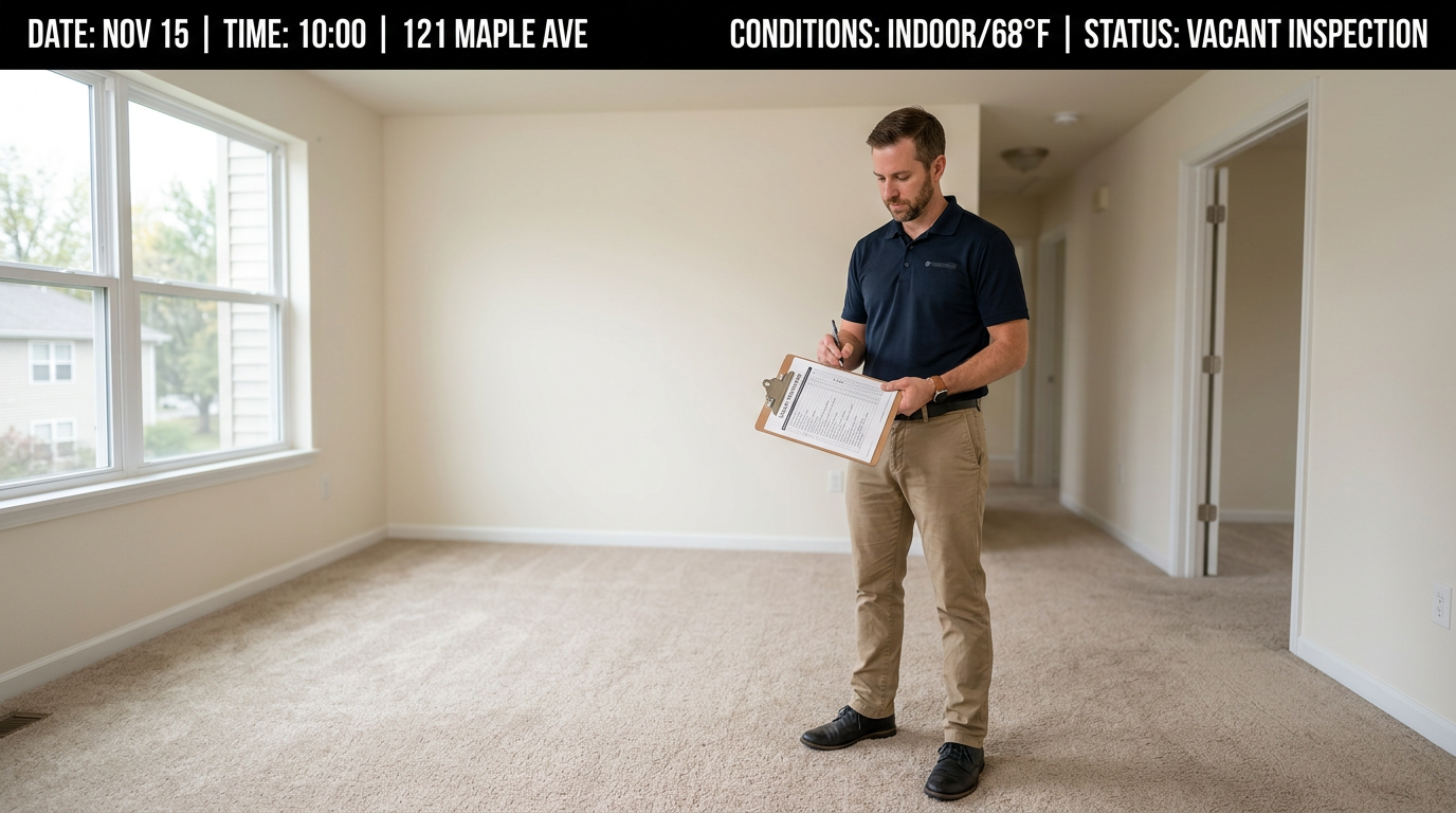 Illustrative demo: vacant unit inspection with fictional status metadata on the image.